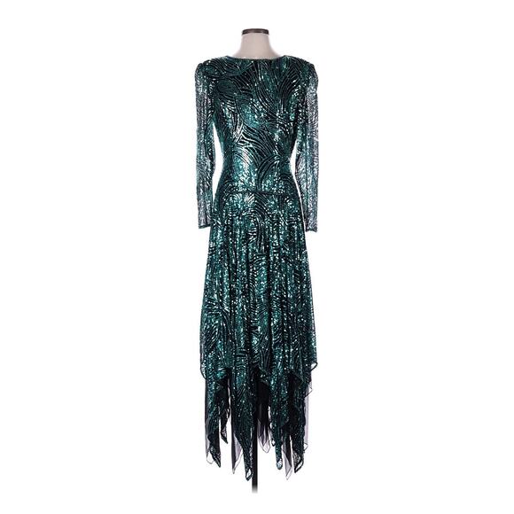 VTG Black Tie Teal Sequin Long Sleeve Silk Midi Dress NYE party 8 - Picture 2 of 5